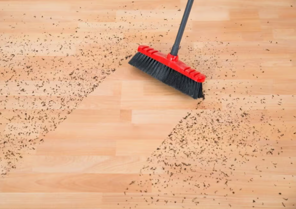 sweeping dust on hardwood floor